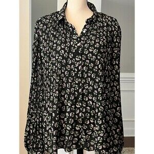 T Tahari Pleated Button Front Blouse w/Balloon Sleeves Black/Pink Floral Sz XL